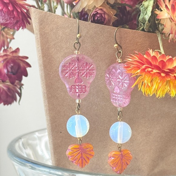 Handmade Jewelry - Czech Pink Sugar Skull Glass Bead Opalite Dangle Hook Earrings Hand Crafted